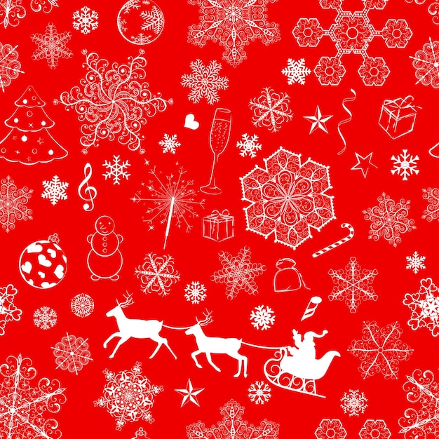 Christmas seamless pattern with snowflakes and xmas symbols on red background