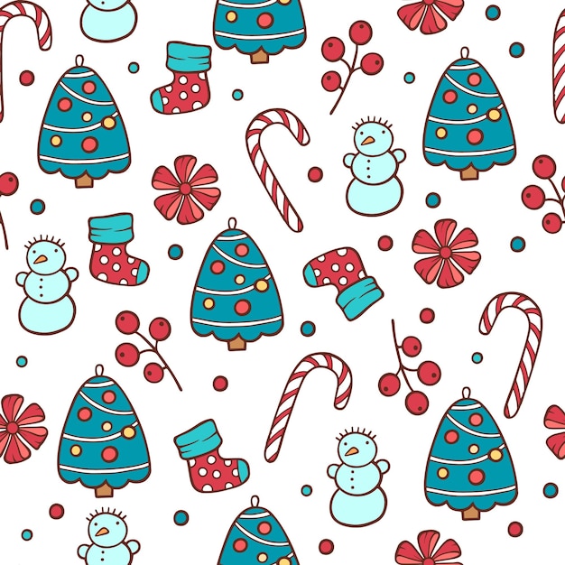 Christmas seamless pattern with snowman, fir trees and snowflakes. Perfect for wallpaper, wrapping paper, pattern fills, winter greetings, web page background, Christmas and New Year greeting cards.