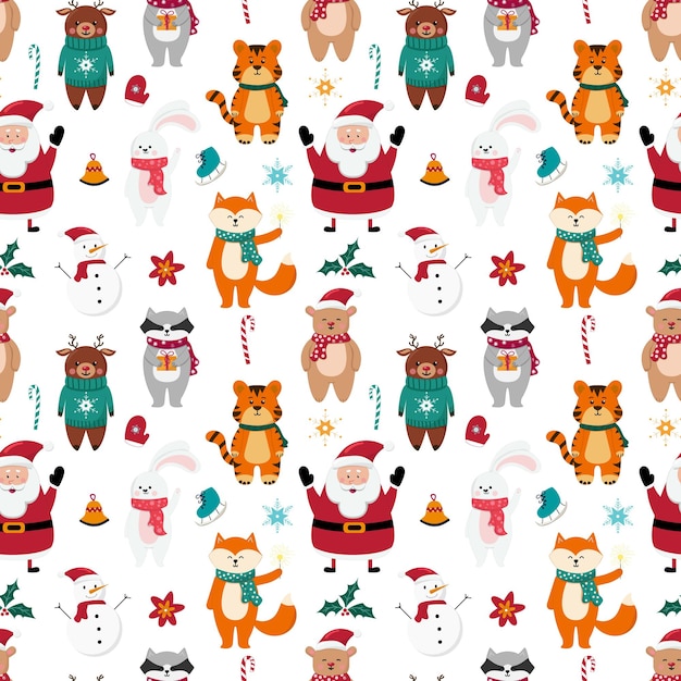 Christmas seamless pattern with snowman, Santa Claus and cute animals on white background. Hand drawn vector illustration