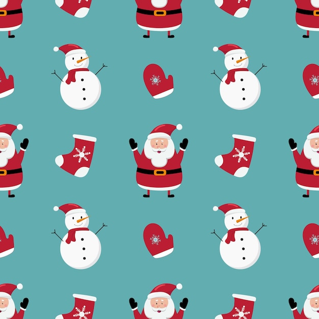 Christmas seamless pattern with snowman, Santa Claus and socks on blue background. Hand drawn vector illustration