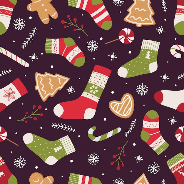 Christmas seamless pattern with socks lollipops gingerbread and snowflakes