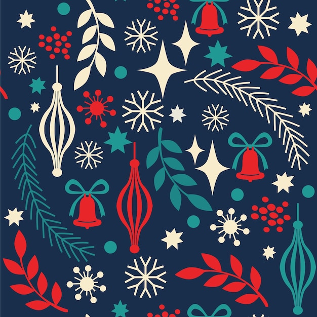 Christmas seamless pattern with spruce branches bell decorations leaves ane berries o