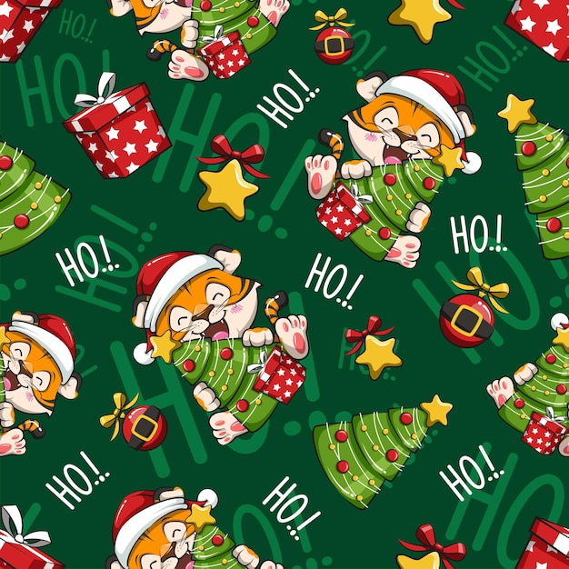 Christmas Seamless Pattern With Tiger Santa Claus Cute Cartoon Illustration