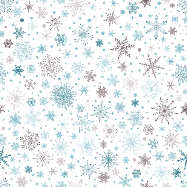 Christmas seamless pattern with various complex big and small snowflakes, brown and light blue on white background