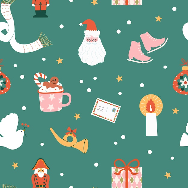 Christmas  seamless pattern with various hand drawn elements in flat cartoon style