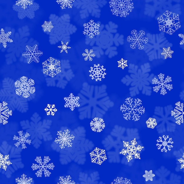 Christmas seamless pattern with white blurred and clear snowflakes on blue background Background with snowfall of big and small snowflakes Christmas vector illustration of beautiful snowflakes