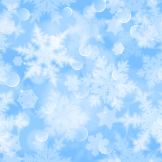 Christmas seamless pattern with white blurred snowflakes glare and sparkles on light blue background