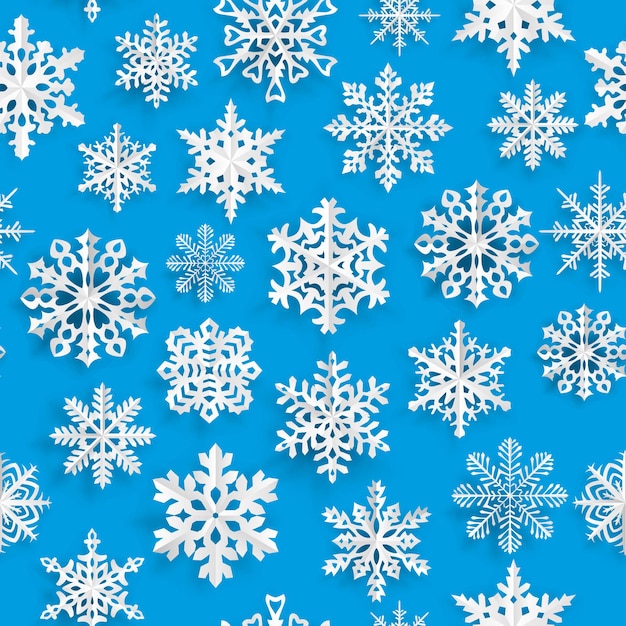 Christmas seamless pattern with white paper snowflakes on light blue background