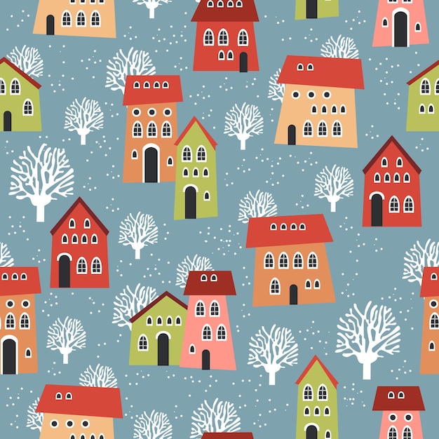 Christmas seamless pattern with winter houses trees and other elements