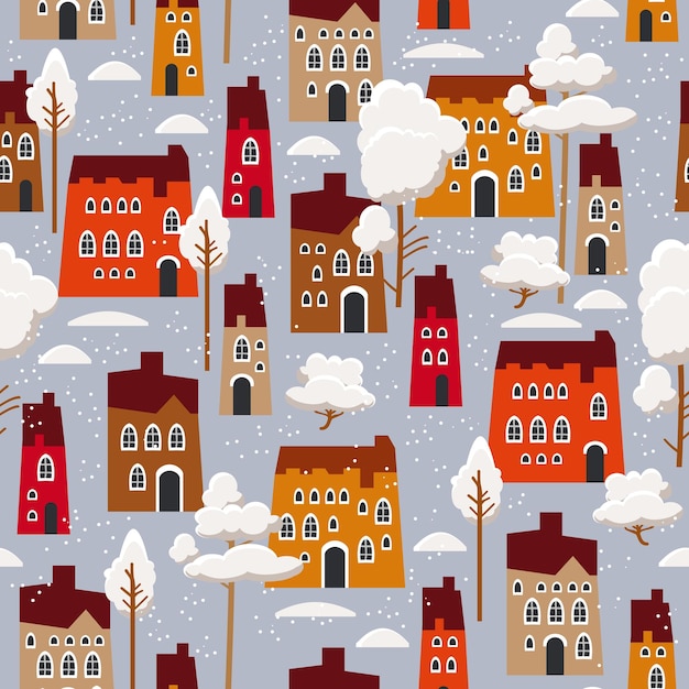 Christmas seamless pattern with winter houses trees and other elements