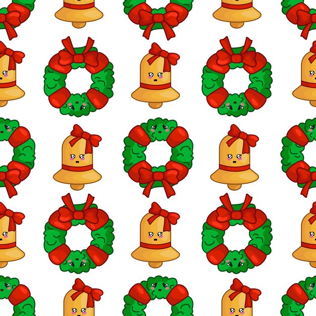 Christmas seamless pattern with wreath, golden bell, endless texture for textile