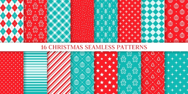 Christmas seamless pattern. Xmas, New year texture. Backgrounds with gingerbread man, tree, snow, plaid, ball, star, stripes, rhombus. Set prints. Festive wrapping paper. Red blue illustration