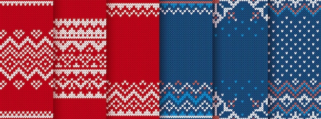 Christmas seamless patterns red and blue Knitted sweater texture Set Xmas winter background Knit prints Holiday