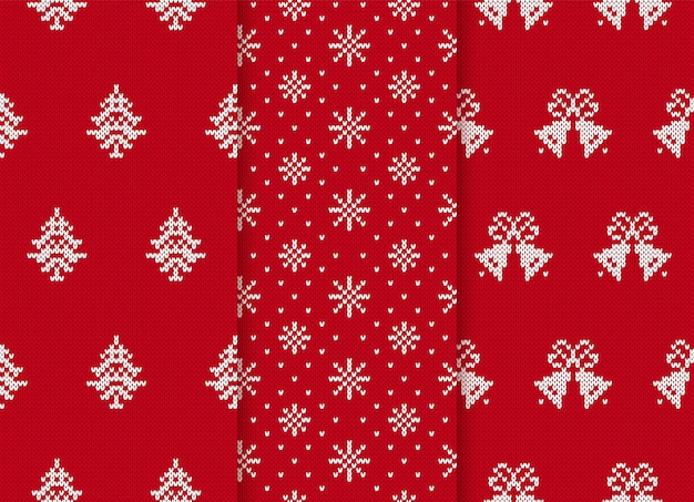 Christmas seamless patterns. Set knit red backgrounds. Vector illustration.