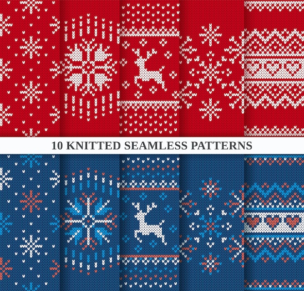 Christmas seamless patterns set Knitted sweater textures red and blue collection Xmas winter background