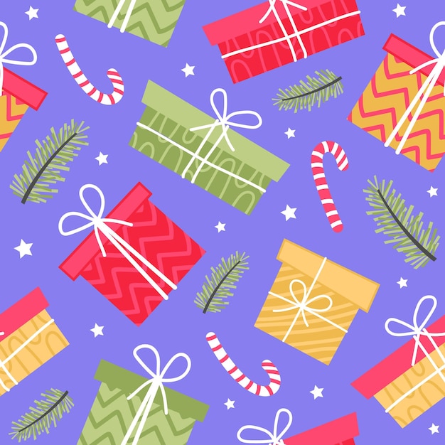 Christmas seamless vector pattern with gifts For fabrics wrapping paper wallpapers