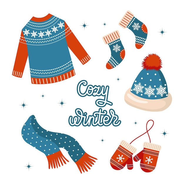 Christmas set of clothes, sweater, socks, hat, scarf and mittens. Red and blue design with snowflake