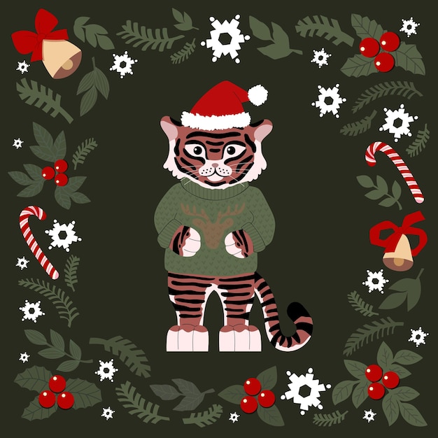 Christmas set of drawn cute elements tiger in a sweater with a deer and a Christmas hat snowflakes spruce bells year of the tiger 2022 for christmas cards posters magnets flat illustration