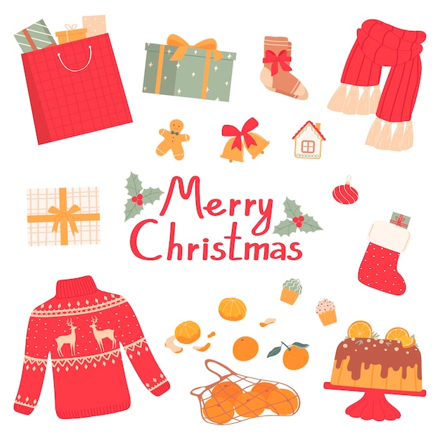 Christmas set of gifts and accessoriesVector illustration flat style isolated on white background