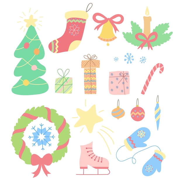 Christmas set of hand drawn doodles in simple style. Vector colorful illustration with christmas elements