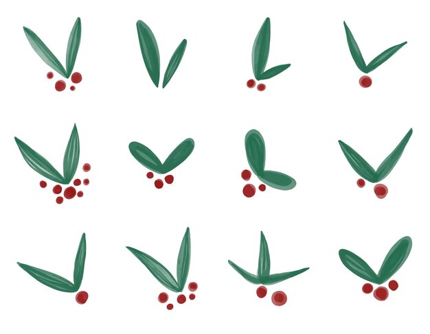 Christmas set of illustrations of holly branches. Sprigs of holly with red berries and green leaves.