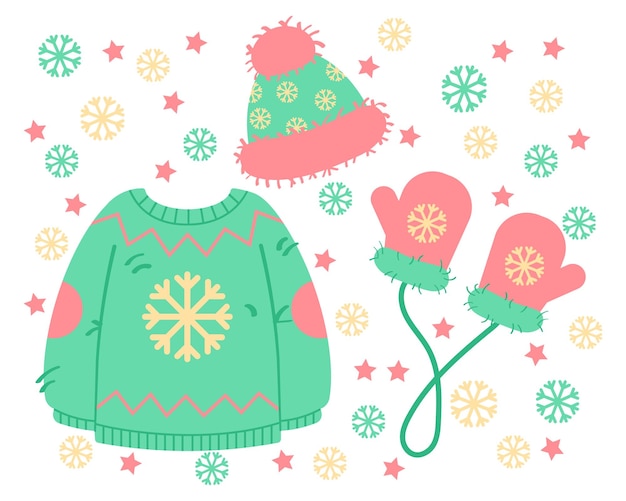 Christmas set, knitted sweater, hat, mittens Illustration, vector