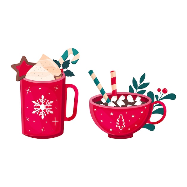 Vector christmas set of red mugs of hot drinks with decorations