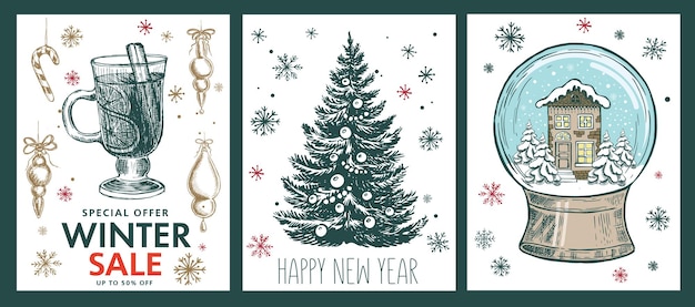 Vector christmas set in sketch style hand drawn illustration