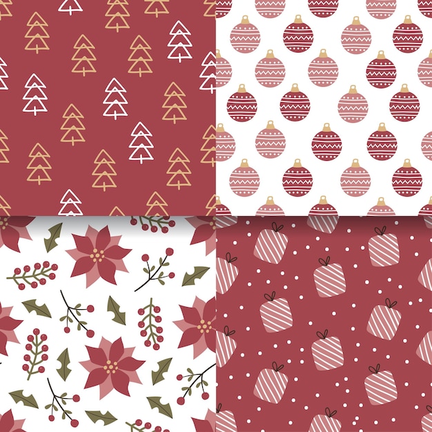 Christmas set of vector hand drawn seamless patterns New Year and Merry Christmas set on craft paper background in cute style