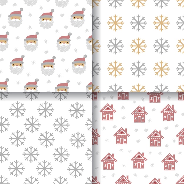 Christmas set of vector hand drawn seamless patterns with houses santa snowflakes New Year and Merry Christmas set on craft paper background in cute style