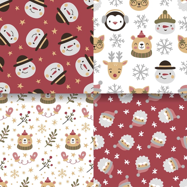 Christmas set of vector hand drawn seamless patterns with snowman santa christmas tree snowflakes triangle polka dot New Year and Merry Christmas set on kraft paper background in hipster style