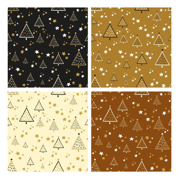 Christmas set of vector seamless handdrawn drawings with fir treesstars in goldblackwhite colors