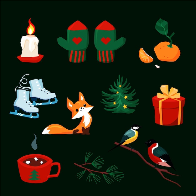 Christmas set with cartoon New Year characters. Colorful collection of xmas elements for greeting card design. Forest animals, mittens, winter holiday objects in retro style.  illustration