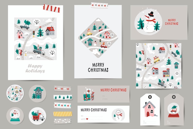 Christmas set with Christmas cards notes stickers labels stamps tags with cute cars