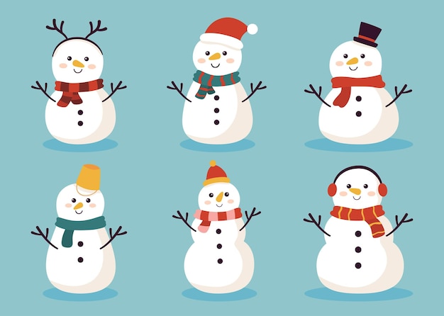 Christmas set with cute snowmen isolated on blue background