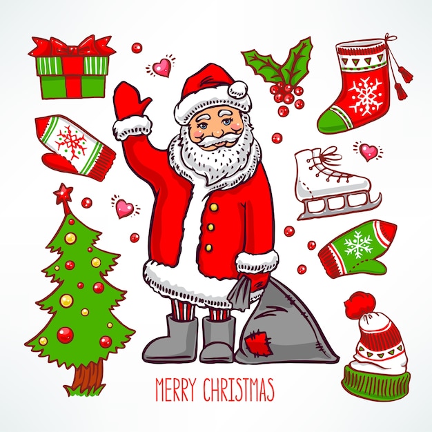 Christmas set with holiday attributes and smiling Santa Claus. hand-drawn illustration