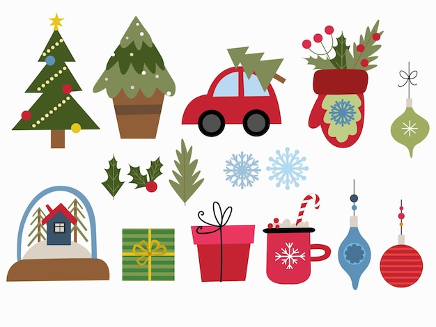 Christmas set with an illustration of a Christmas tree, a snow globe, a red car with a tree