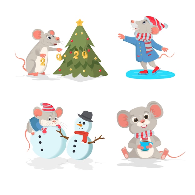 Christmas  set with the mouse. Ice skating mouse, mouse with Christmas tree, mouse with coffee cup.