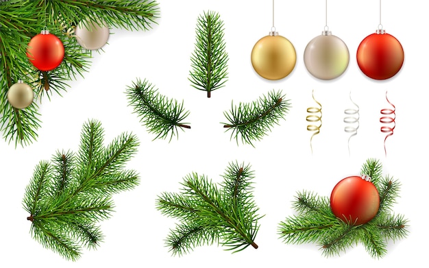 Christmas set with pine tree branches and christmas balls. elements for  greeting cards.