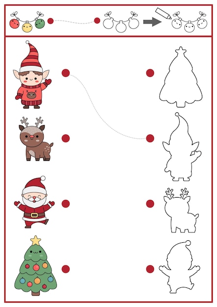 Christmas shape matching coloring and drawing activity Winter holiday puzzle with cute kawaii Santa Claus deer tree Find correct silhouette printable worksheet New Year page for kids