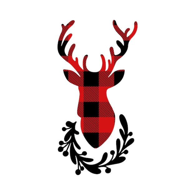 Christmas silhouette of deer red buffalo plaid with floral wreath isolated on white background