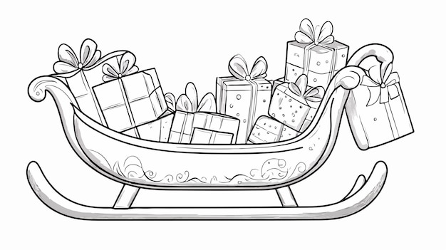 Vector christmas sleigh and gifts outline coloring page