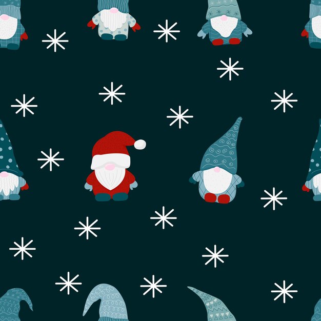 Christmas small gnomes seamless pattern Scandinavian gnome in a New Years santa hat Set of flat