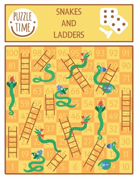 Christmas snakes and ladders board game for children with cute animals. Educational boardgame with serpents in hats and scarfs. Funny winter holiday printable activity.