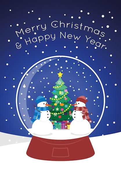 Christmas snow globe with tree, funny snowmen, falling snow and snowflakes inside. Cute vector flat image. Background for a postcard or postcard.