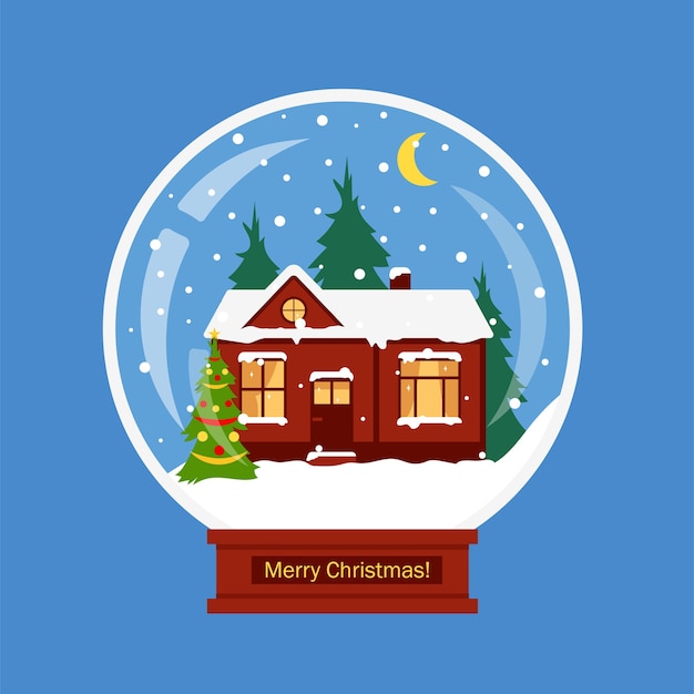 Christmas snow globe with winter house and decorated Christmas tree.