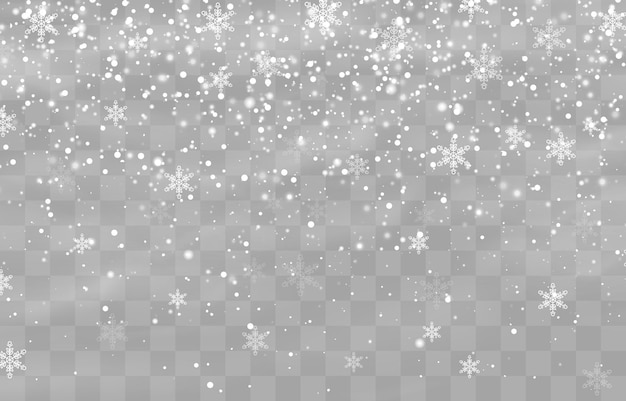 Christmas snow, heavy snowfall, white snowflakes flying in the air, blizzard, vector isolated on png