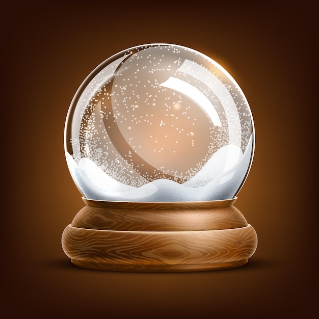  christmas snowglobe on brown background. Realistic winter holiday symbol with snowflakes inside