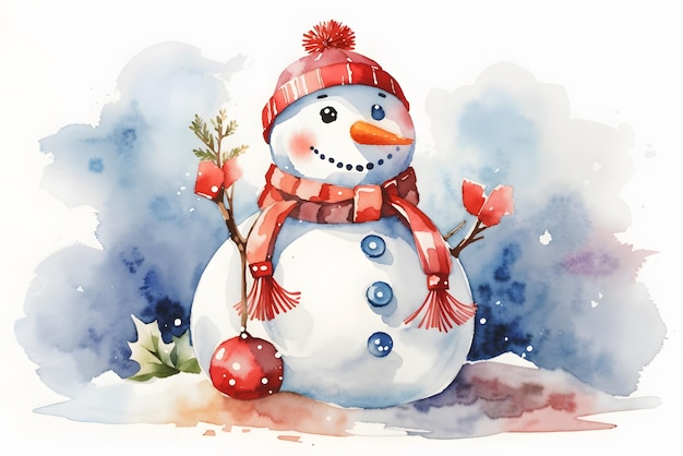 Vector christmas snowman in a hat on a white background watercolor illustration