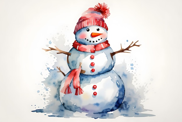 Christmas snowman in a hat on a white background Watercolor illustration